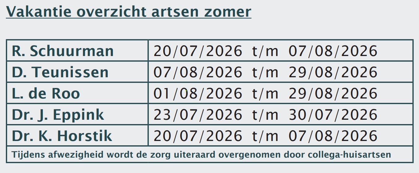 Zomervakantie artsen 2026